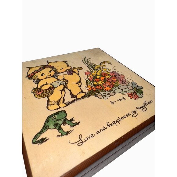 Vintage Wooden Trinket Box With Kewpie Art By Ann OMull Featuring Floral & Frog - Picture 8 of 11